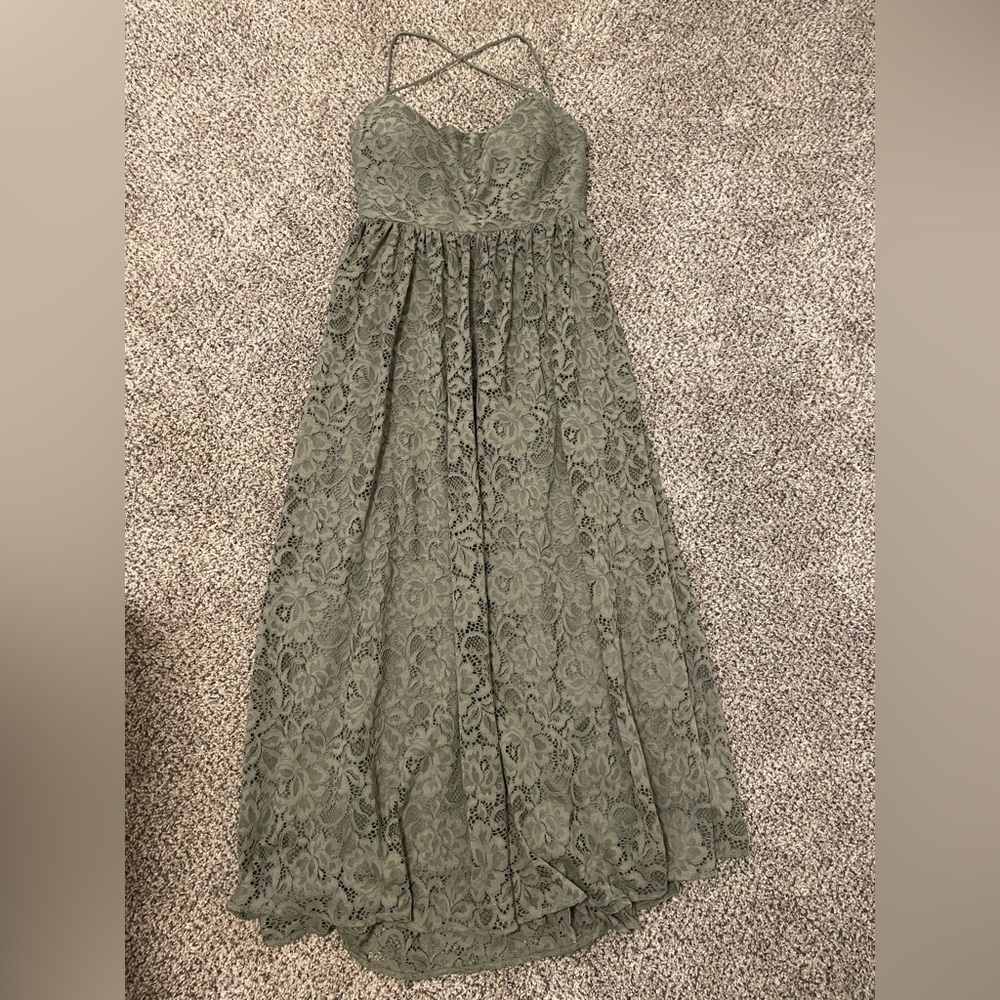 BHLDN Olive Lace Cross-Back Spaghetti Strap Maxi Dress